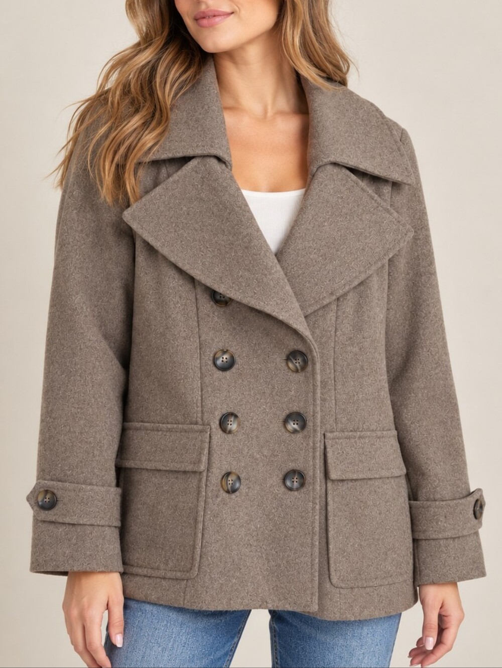 New York & Company Wool Blend Double Breasted Peacoat Oatmeal Brown Tan Women XS
